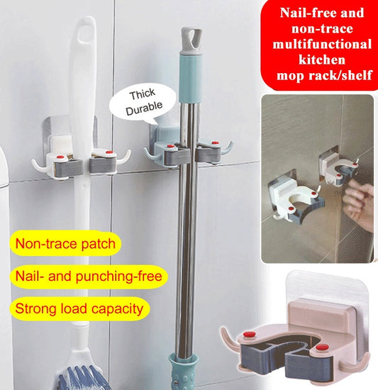 Nail-free and non-trace multifunctional kitchen mop rack/shelf
