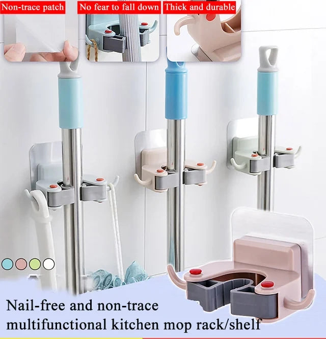 Nail-free and non-trace multifunctional kitchen mop rack/shelf